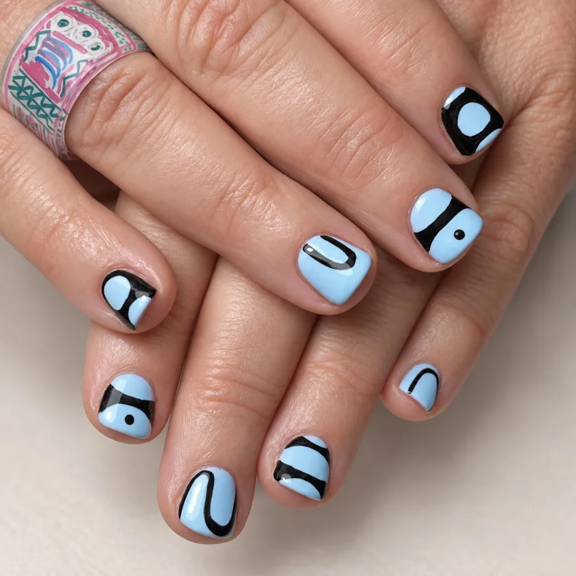 Lichtblauwe korte nagels met zwarte abstracte lijnen, cirkels en vlakken