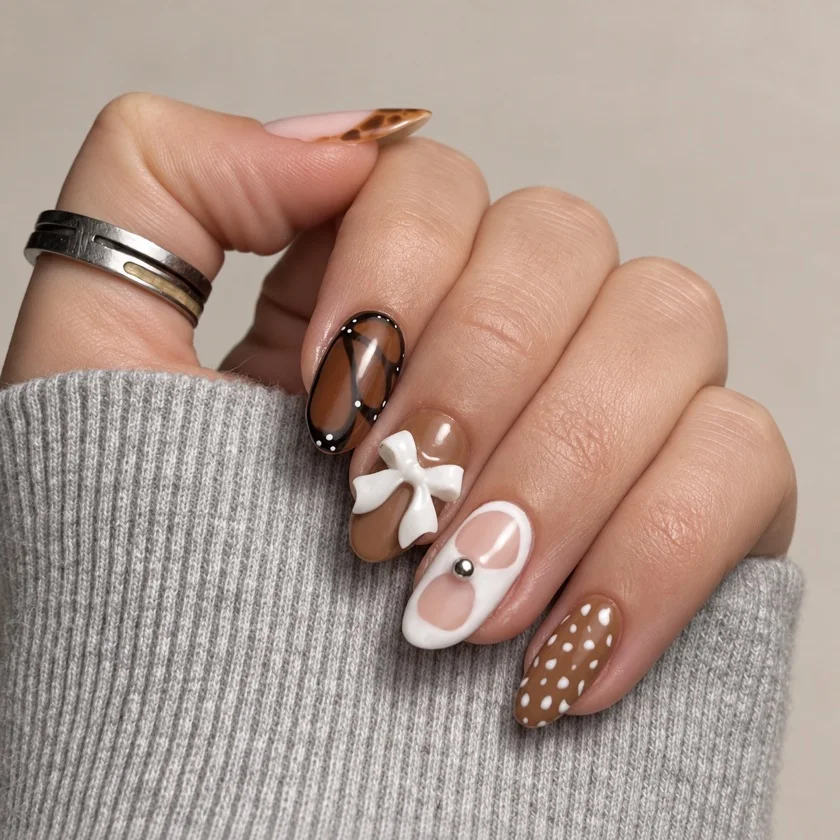 Bruine en nude nagels met een witte strik in reliëf, stippen en een zilverkleurig detail