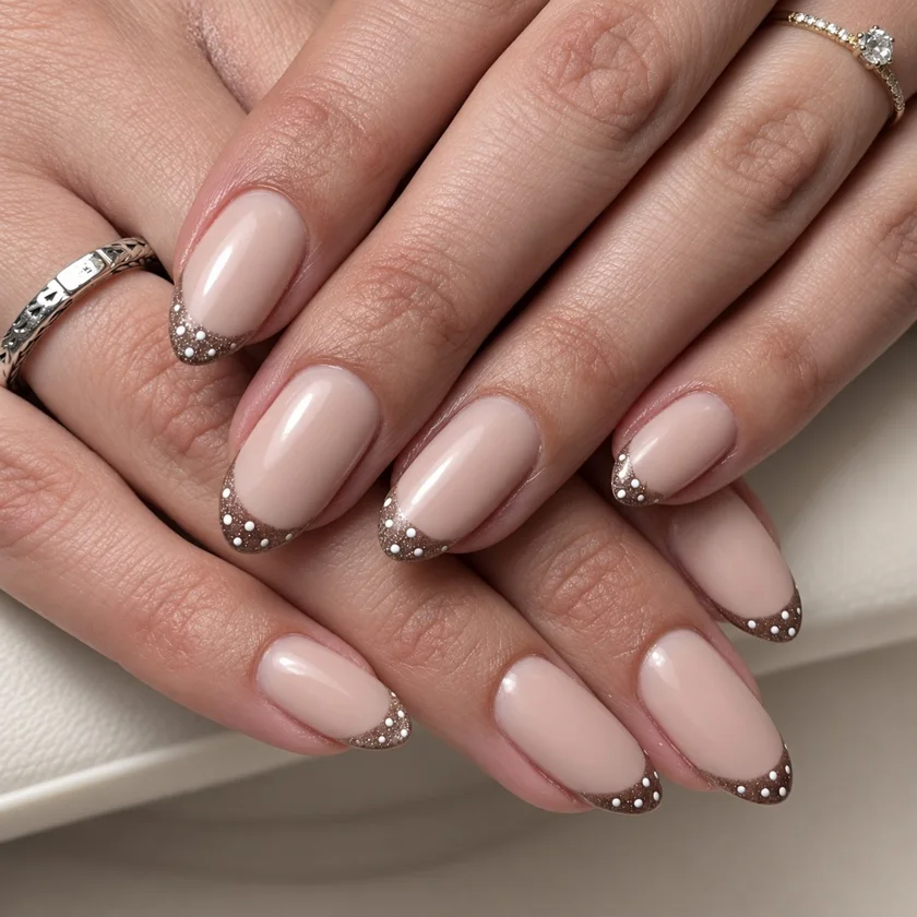 Nude amandelvormige nagels met bruine glittertips en kleine witte stippen