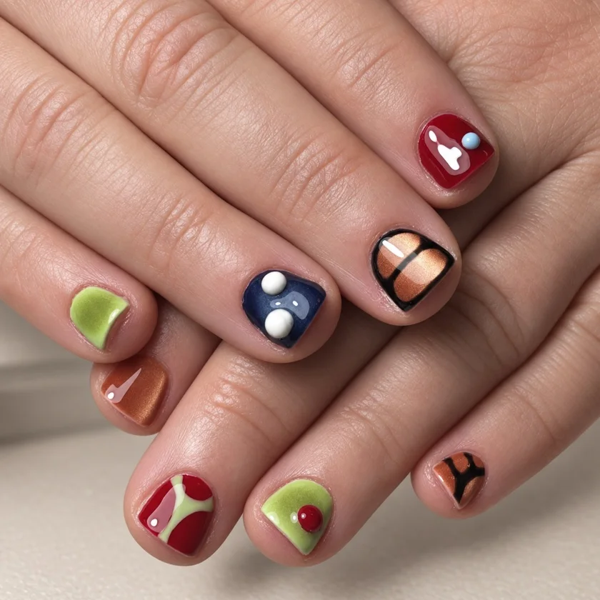 Groene, rode, blauwe en bronzen nagels met grafische lijnen en stippen in reliëf
