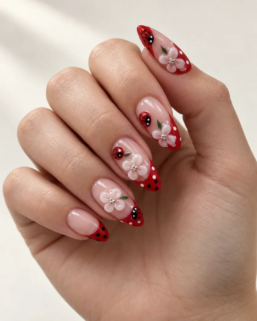 Rode French tips met bloemen en lieveheersbeestjes