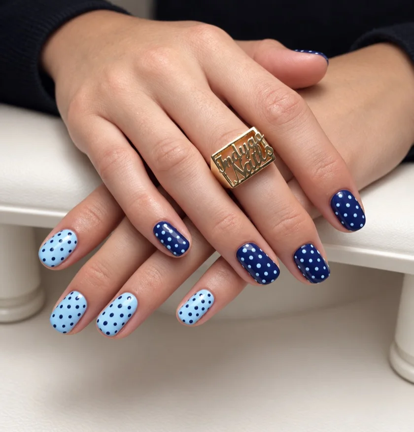 Lichtblauwe en donkerblauwe nagels met stippen in contrasterende kleuren