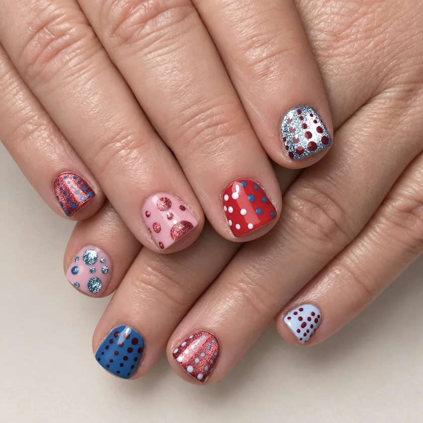 Korte nagels met rode, roze en blauwe stippen en metallic glitters