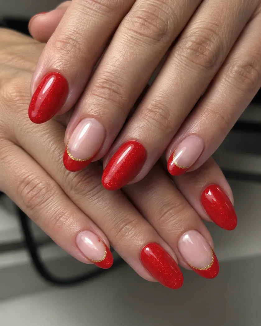 Rode en naturelroze nagels met fijne gouden French tips, ter inspiratie
