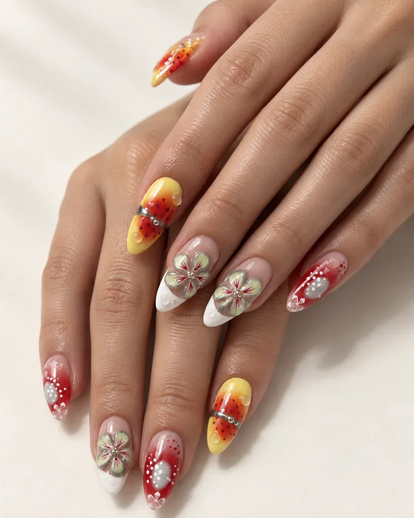 Kleurrijke nail art met vlinders en driedimensionale bloemen