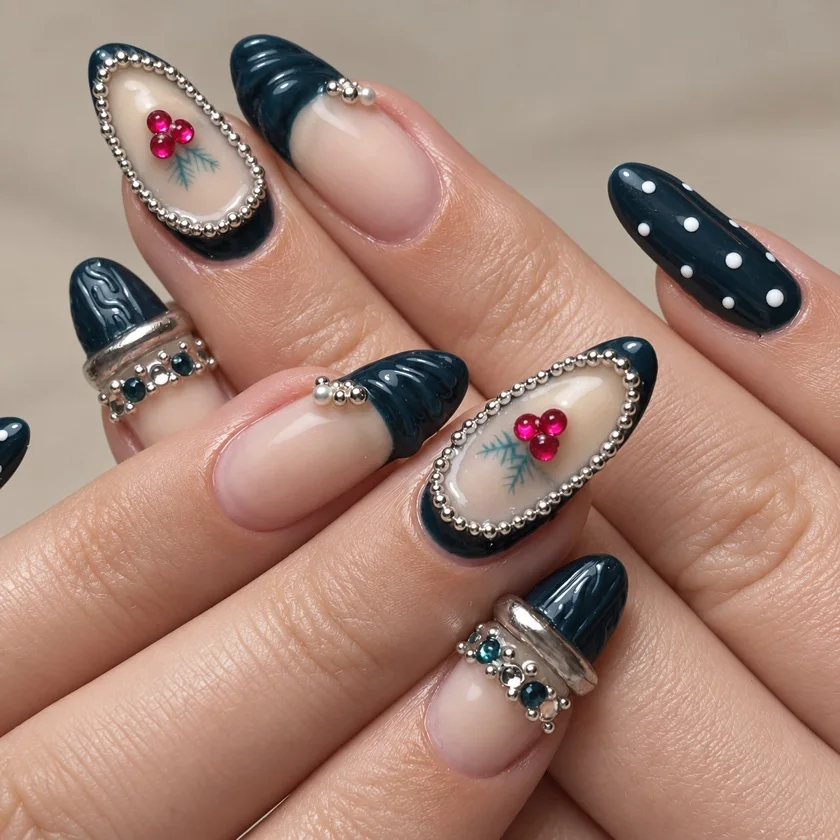 Donkergroene nagels met zilverkleurige randen, roze steentjes en decoratie in reliëf