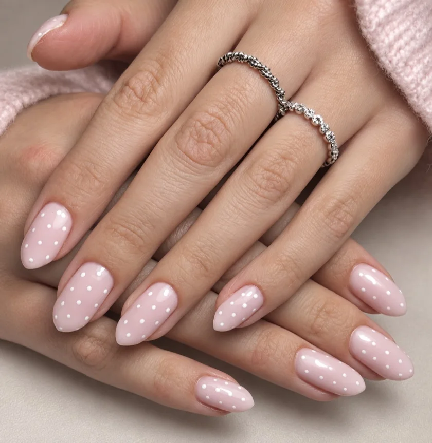Zachtroze amandelvormige nagels met fijne witte stippen