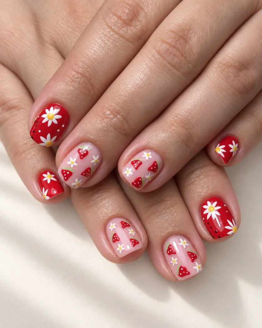 Rode en roze nagels met aardbeien en witte bloemen